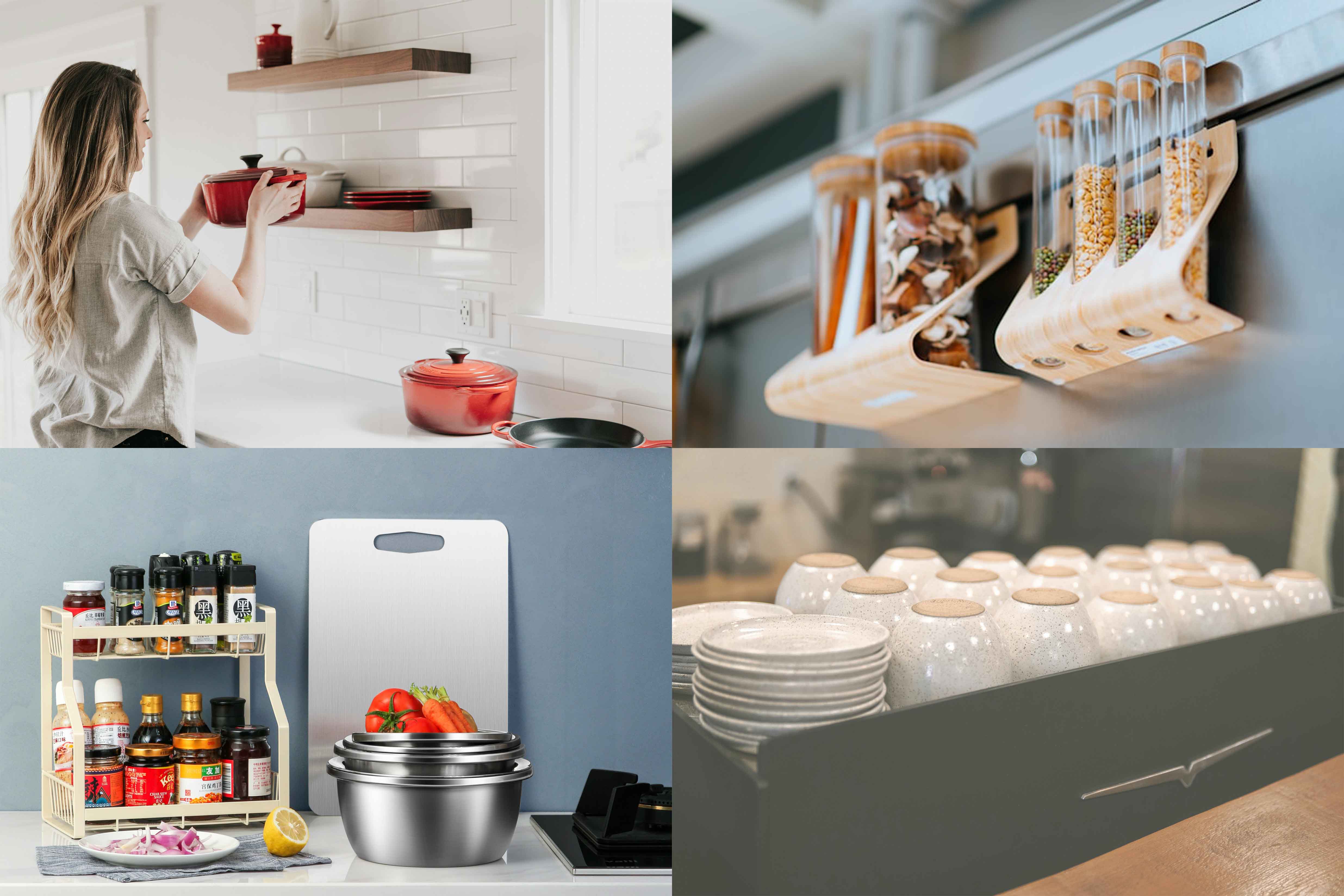 Organized kitchen shelves and counters with practical storage solutions